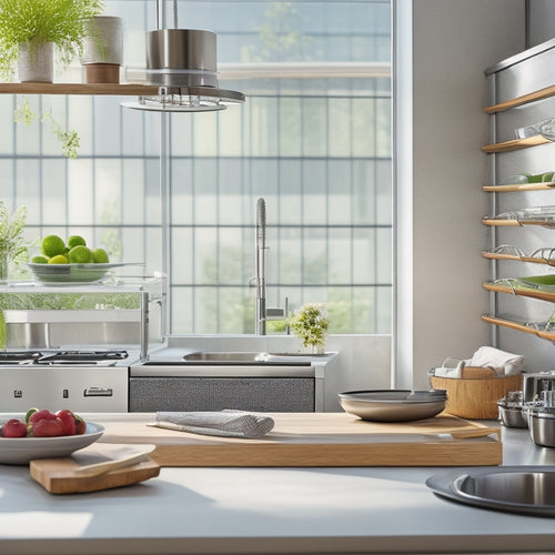 A sleek, modern kitchen featuring various top-rated dish drainers in stainless steel, bamboo, and plastic. Show organized plates, utensils, and glassware drying, with a bright, airy atmosphere and natural light streaming in.