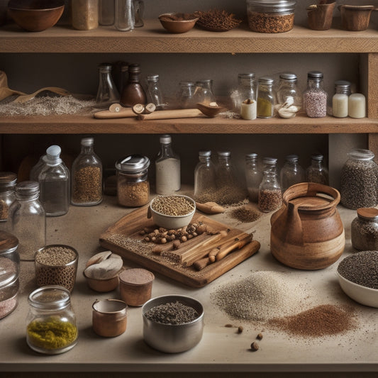A cluttered kitchen countertop with a jumbled mix of small items like spice bottles, utensils, and gadgets, surrounded by crumbs and spills, contrasted with a tidy drawer or shelf featuring neat, labeled compartments.