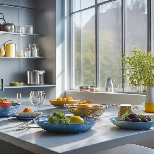A sleek, modern kitchen with a stainless steel tiered dish drying rack filled with gleaming plates, colorful bowls, and shiny utensils, all set against a backdrop of natural light streaming through a window.