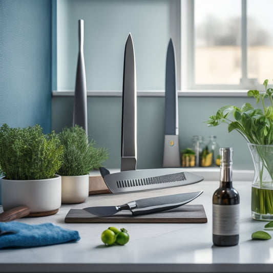 A sleek kitchen scene showcasing a magnetic knife holder on a pristine countertop, with gleaming knives suspended elegantly, surrounded by fresh herbs and minimalist utensils, emphasizing a tidy, modern aesthetic.