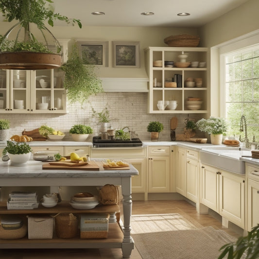 A serene kitchen scene: warm lighting, cream-colored cabinets, and a large center island with a built-in cooktop, surrounded by lush greenery and a few strategically placed cookbooks.