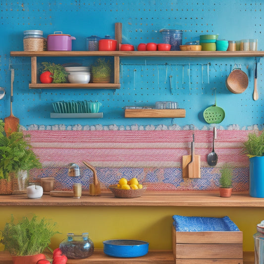 A vibrant kitchen showcasing a colorful pegboard wall filled with neatly arranged pots, utensils, and herbs, surrounded by bright cabinets and a rustic wooden countertop, creating an organized and stylish cooking space.