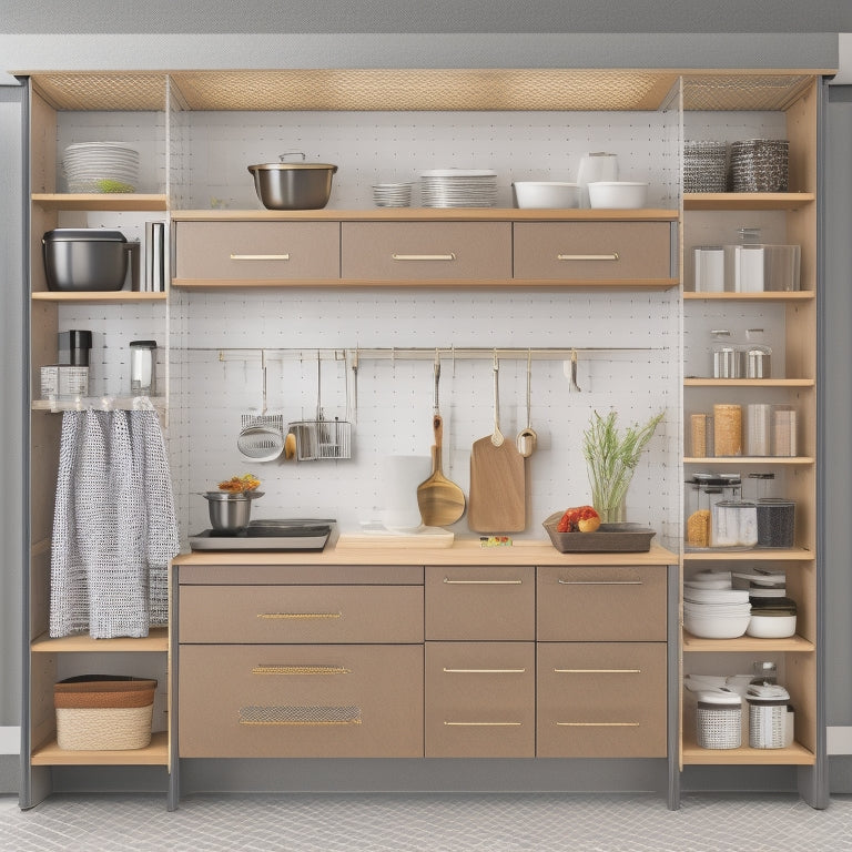 An illustration of a sleek, modern kitchen with a wall-mounted pegboard holding utensils, a pull-out spice rack built into a cabinet, and a carousel storage unit in a corner, surrounded by minimal countertops and appliances.