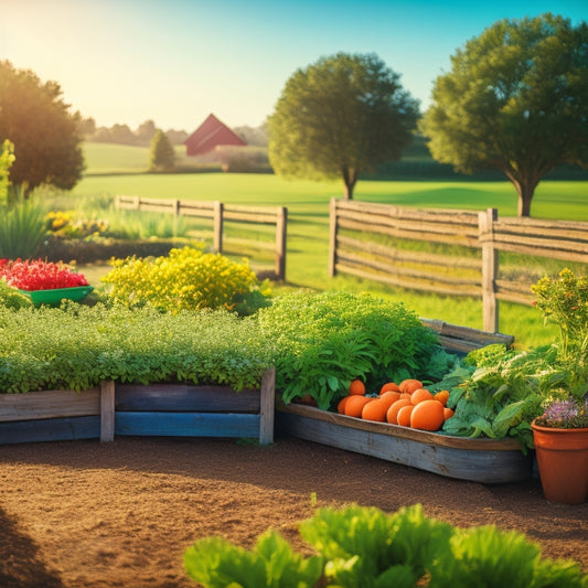 A serene garden landscape with vibrant, lush vegetation, featuring a diverse selection of essential food storage crops, such as carrots, potatoes, and onions, amidst a rustic wooden fence and a sunny sky.