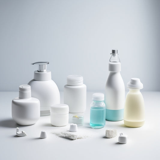 A serene, creamy-white background with a sleek, modern Milkspa device in the center, surrounded by steam rising from a warm glass bottle, and a few scattered baby blocks or toys nearby.