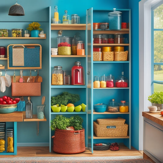 A stylish kitchen scene featuring a sleek over-the-door storage cabinet filled with colorful jars, hanging utensils, and neatly organized spices, complemented by vibrant kitchen decor and warm lighting, showcasing efficient space-saving solutions.