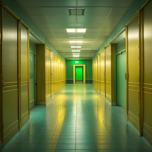 A deserted school hallway with empty lockers, dimly lit by flickering fluorescent lights, surrounded by an eerie, greenish-yellow haze, with a faint wispy mist seeping from the vents.