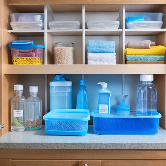 A neatly organized under-sink cabinet, showcasing clear storage bins filled with colorful cleaning supplies, sponges, and cloths. Soft, warm lighting highlights the wood finish, creating a cozy and efficient cleaning space.