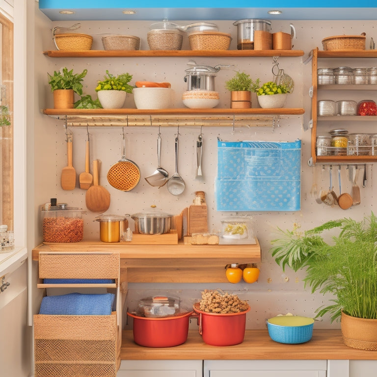 A clutter-free tiny kitchen with a pegboard on the wall, a pull-out spice rack, a hanging utensil organizer, and a compact cart with a built-in cutting board and storage bins.