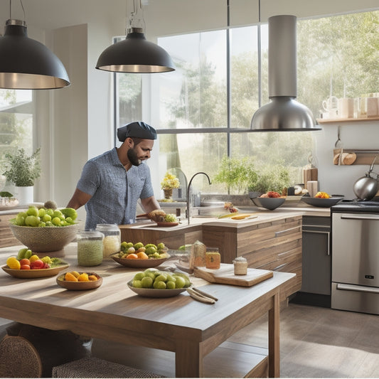 A bright, modern kitchen with a wooden island, stainless steel appliances, and a large window with natural light, featuring a young adult with a chef's hat, surrounded by mixing bowls, utensils, and fresh ingredients.