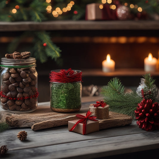 A festive holiday scene with a wooden table, adorned with evergreen branches, pinecones, and twinkling fairy lights, featuring 3-4 DIY brownie jars wrapped in red and green ribbons and bows.