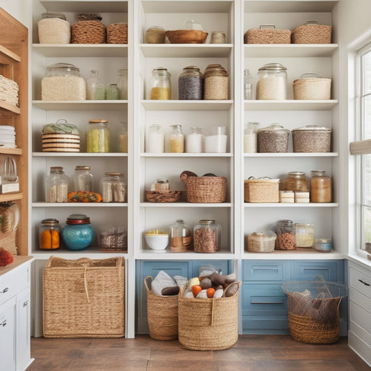 A bright, airy pantry with custom-built shelves in a warm wood tone, adorned with ornate metal brackets, holding an assortment of colorful glass jars, woven baskets, and rustic wooden crates.