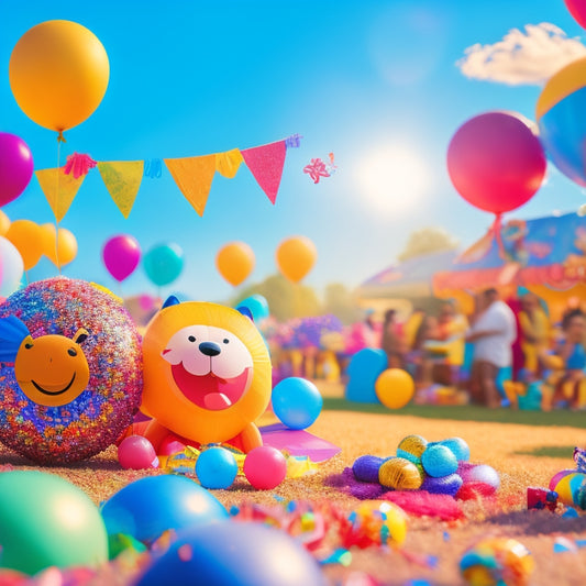 A colorful illustration of a smiling sun surrounded by confetti, balloons, and a mix of toys, games, and treats, with a subtle background of a park or playground.