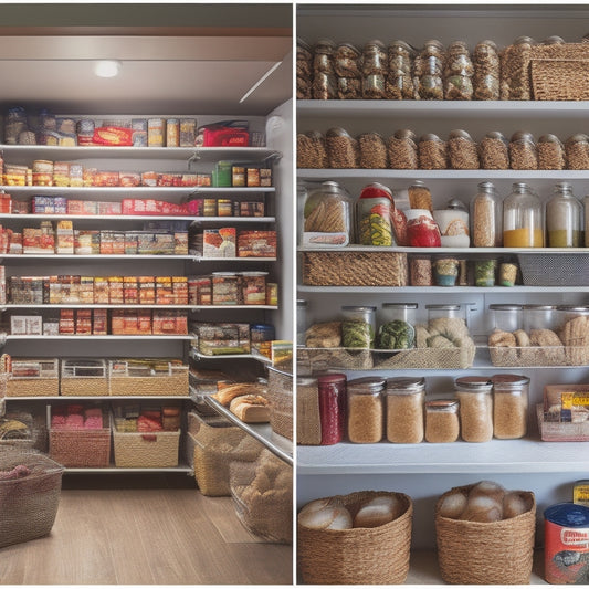A split-screen image: a cluttered pantry on the left, with canned goods and snacks stacked haphazardly, and a tidy pantry on the right, with labeled bins and baskets organized by category.