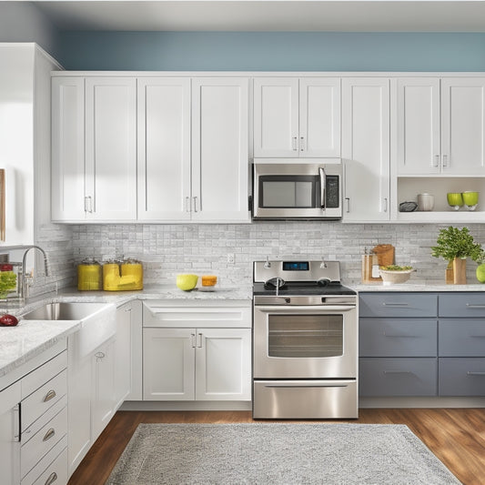 A bright, modern kitchen with white cabinets, gray countertops, and stainless steel appliances, featuring perfectly organized shelves and drawers with colorful, minimalist labels, and a few decorative kitchen utensils.