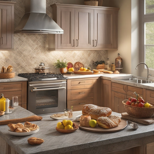 A warm and inviting kitchen scene: golden lighting, rich wood accents, and sleek stainless steel appliances, with a stunning stone island at the center, adorned with artfully arranged fresh fruits and delectable pastries.