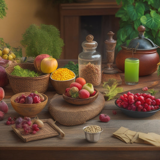 A rustic wooden table with a partially opened cookbook, surrounded by freeze-dried fruits and vegetables, a few scattered recipe cards, and a small potted herb plant in the background.