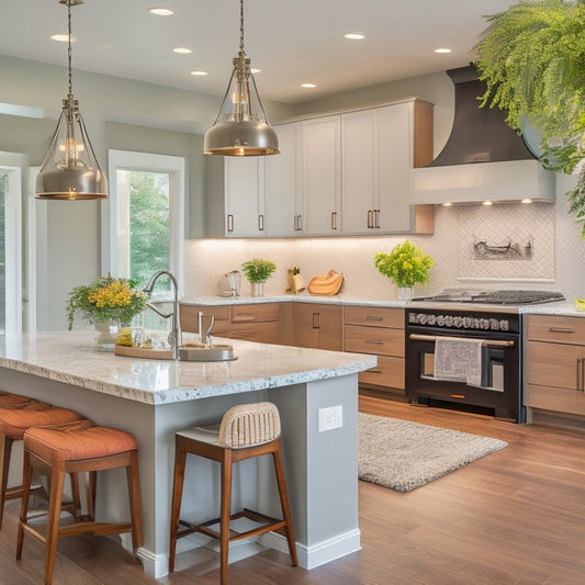 A bright, modern kitchen with sleek white cabinets, dark hardwood floors, and a massive island with a built-in cooktop, surrounded by stylish pendant lights and lush greenery.