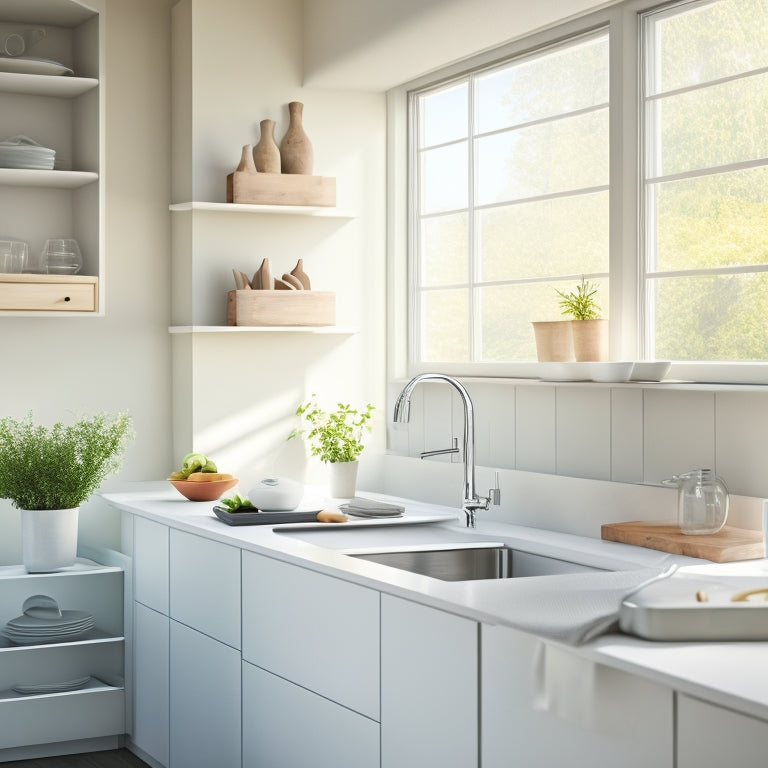 A sleek, modern kitchen featuring an expandable dish rack, elegantly displaying dishes and utensils. Soft natural light filters through a window, highlighting minimalist decor, clean lines, and a serene color palette of whites and soft grays.