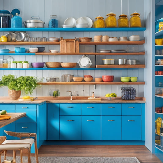 A bright, modern kitchen featuring sleek, modular storage solutions. Open shelves with vibrant dishware, pull-out drawers filled with spices, and hanging racks displaying pots and pans, all in a harmonious, organized layout.