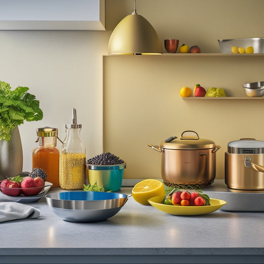 A sleek, modern kitchen counter with a freeze dryer, stainless steel utensils, and various colorful fruits and vegetables scattered around, against a warm, golden background.