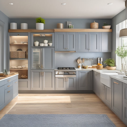 A modern kitchen with sleek, handle-less cabinets in a soft gray tone, featuring a mix of open shelving, pull-out drawers, and a spacious island with built-in storage bins.