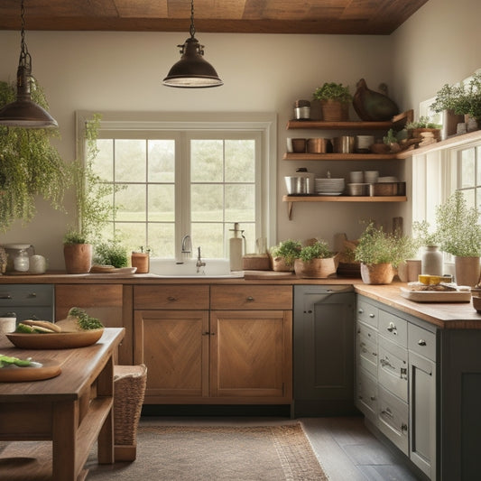 A cozy farmhouse kitchen with warm wood cabinetry, vintage pendant lights, and soft under-cabinet LED lighting illuminating rustic countertops, showcasing fresh herbs and handcrafted pottery, surrounded by subtle earthy tones and charming decor.
