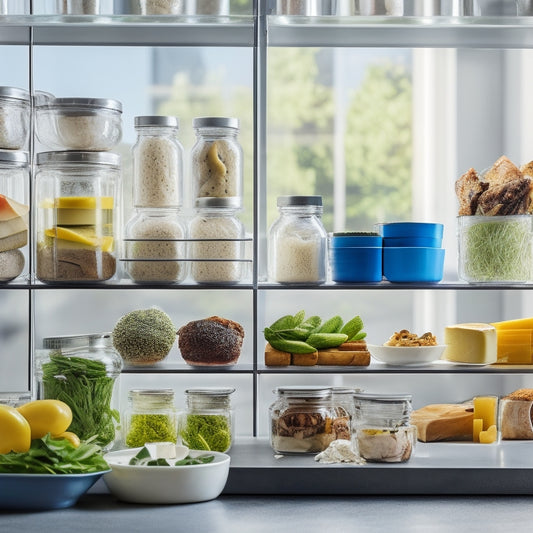 A bright, modern kitchen with a uniform row of transparent glass containers, each filled with a different gourmet food item, such as artisanal cheeses, cured meats, and fresh herbs, on a sleek countertop.