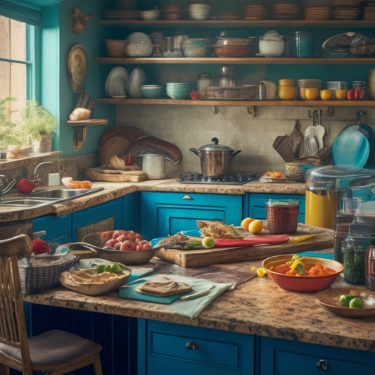 A cluttered small kitchen island with scattered utensils, cookbooks, and appliances, surrounded by a messy kitchen with dirty dishes and open cabinets, contrasted with a clean and organized island in the background.