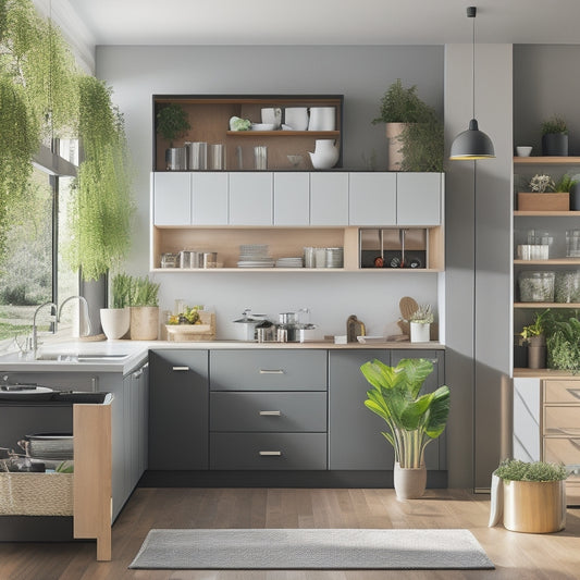 A modern kitchen with sleek modular units, featuring stacked cabinets, pull-out shelves, and an island with hidden storage. Bright lighting highlights the organized, clutter-free space, surrounded by fresh herbs and minimalist decor.
