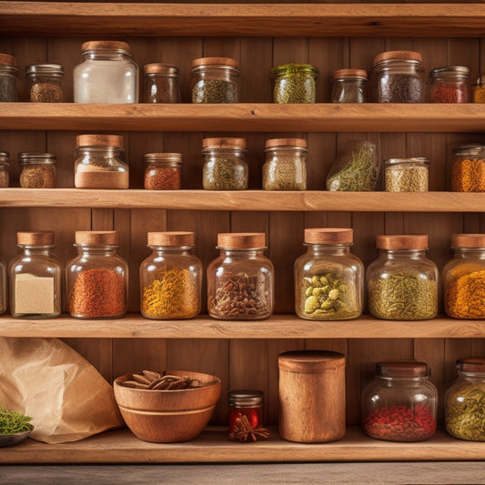 A rustic wooden spice rack mounted on a kitchen wall, showcasing colorful glass jars with labeled lids, filled with vibrant spices, surrounded by fresh herbs and a cozy, well-lit kitchen ambiance.