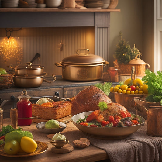 A warm, golden-lit kitchen scene featuring a vintage NESCO Roaster Oven centerpiece, surrounded by steaming dishes, fresh vegetables, and a few strategically placed utensils, evoking a sense of nostalgia and warmth.