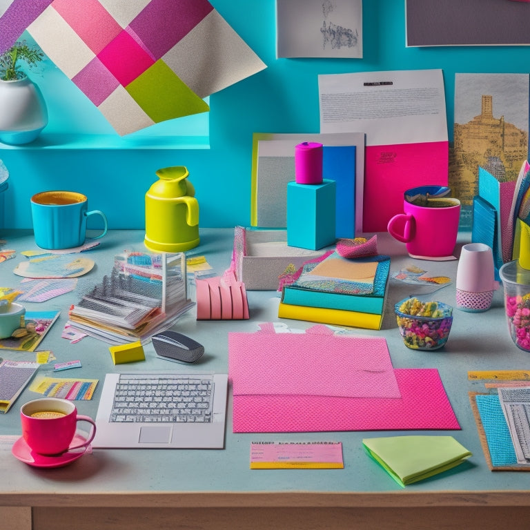 A colorful, cluttered desk with scattered papers, pens, and coffee cups, transformed into a tidy space with sticky notes of varying sizes, colors, and shapes, arranged in a harmonious, organized pattern.