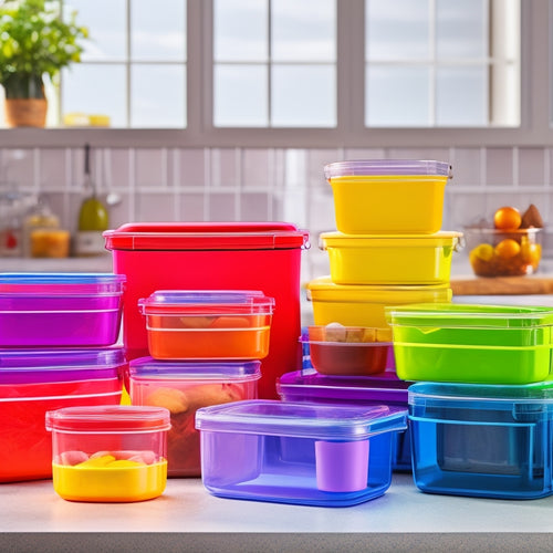 A colorful array of stackable kitchen containers, featuring clear acrylic bodies and vibrant, interchangeable lids, neatly organized on a modern kitchen countertop, surrounded by fresh ingredients and cooking utensils.