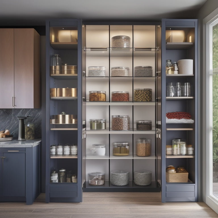 A sleek, modern freestanding pantry unit with warm built-in lighting, showcasing organized shelves filled with jars and spices, set against a bright kitchen backdrop featuring elegant cabinetry and a polished countertop.