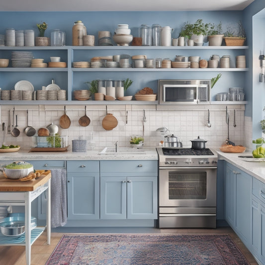 A bright, organized kitchen with a clutter-free countertops, a utensil-lined pegboard, and a chef standing confidently in front of a tidy cooking station, surrounded by strategically placed appliances.