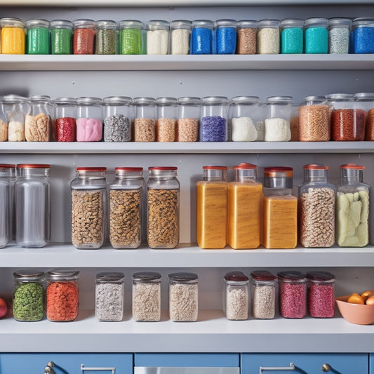 A neatly organized kitchen cabinet showcasing an array of colorful, stackable containers in various sizes. Each container features clear lids, revealing neatly stored ingredients, with a backdrop of wooden shelves and soft, natural lighting.