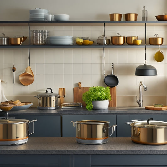 A sleek kitchen scene featuring a modern roll-out tray filled with gleaming pots and pans, organized by size and color, set against a backdrop of polished countertops and cabinets, emphasizing functionality and elegance.
