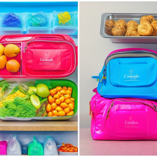 A split-screen image featuring a cluttered gym bag on the left, overflowing with plastic bags and crumpled wrappers, versus a neatly organized bag on the right, with a dozen compact, colorful meal prep containers stacked and labeled.