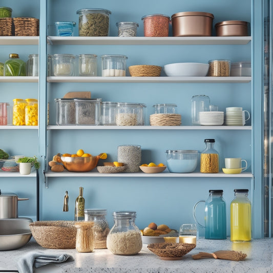 A modern kitchen featuring sleek vertical storage racks filled with colorful dishes, jars, and spices, illuminated by natural light, showcasing organized efficiency. Include a minimalist countertop and stylish utensils for added detail.