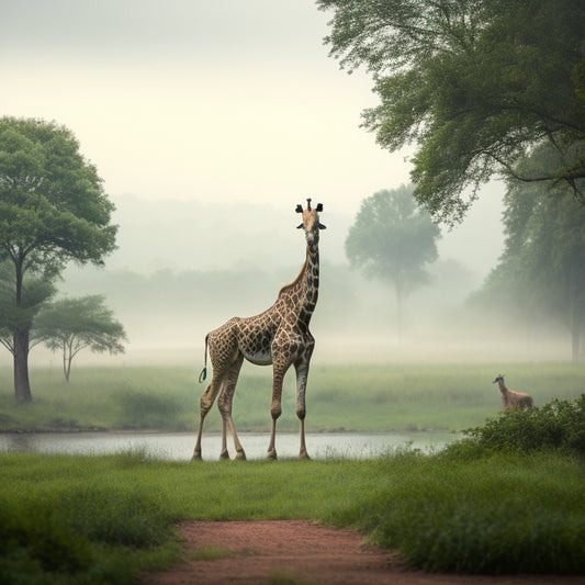 A serene landscape featuring a grand giraffe roaming freely amidst lush greenery, with a subtle misty atmosphere and a blurred Minnesota Zoo sign in the background.
