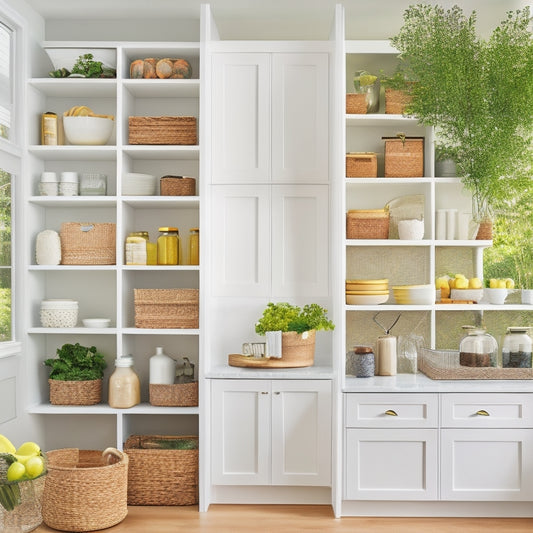 A bright, modern kitchen with sleek white cabinets, featuring Martha Stewart's pantry storage system: tall, adjustable shelves, woven baskets, and glass jars with metallic lids, surrounded by lush greenery.