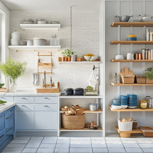 A bright, modern kitchen with towering white cabinets, open shelving, and a ladder leaning against a wall, surrounded by baskets, bins, and utensils, with a few cookbooks stacked on a high shelf.