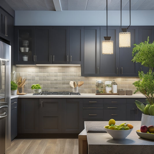 A sleek, modern kitchen featuring wireless under-cabinet lights illuminating a clean countertop, vibrant fresh produce, and stylish cookware, with a warm glow enhancing the inviting ambiance and highlighting the effortless setup of the lighting.