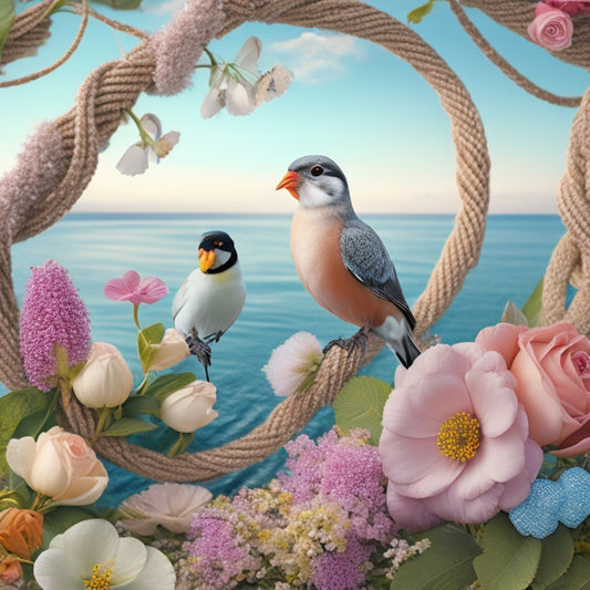 A whimsical illustration of intertwined rope and flowers, with a delicate anchor and a pair of love birds perched on top, set against a soft, serene ocean-inspired background.