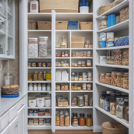 A serene, well-organized pantry with shelves stocked with neatly labeled, airtight containers filled with non-perishable food items, alongside a first aid kit, flashlights, and a battery-powered radio.