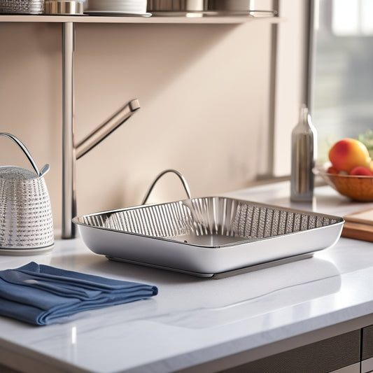 A sleek, modern dish drainer with a chrome finish, elegantly designed utensil holder, surrounded by glistening dishes and cutlery, set against a minimalist kitchen backdrop with soft natural light illuminating the scene.