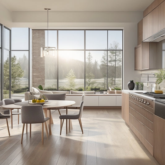 An open-plan kitchen with sleek, modern cabinets, a large center island, and ample natural light pouring in through floor-to-ceiling windows, surrounded by a blurred background of a cozy living area.