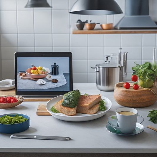 A clean and modern kitchen with a laptop open on a counter, displaying a virtual learning platform, surrounded by utensils, ingredients, and a chef's hat, with a subtle green checkmark hovering above.