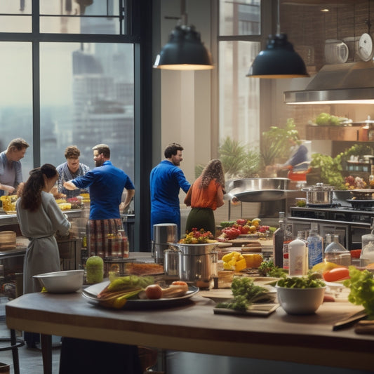 A bustling shared kitchen space with various entrepreneurs preparing dishes, surrounded by utensils, appliances, and ingredients, with a large wooden table at the center, and a cityscape visible through the window.